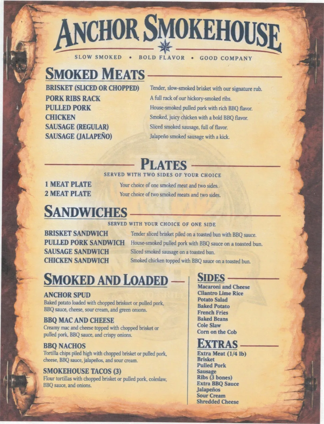 Anchor Smokehouse printed menu at Anchor Bar and Grill & BBQ