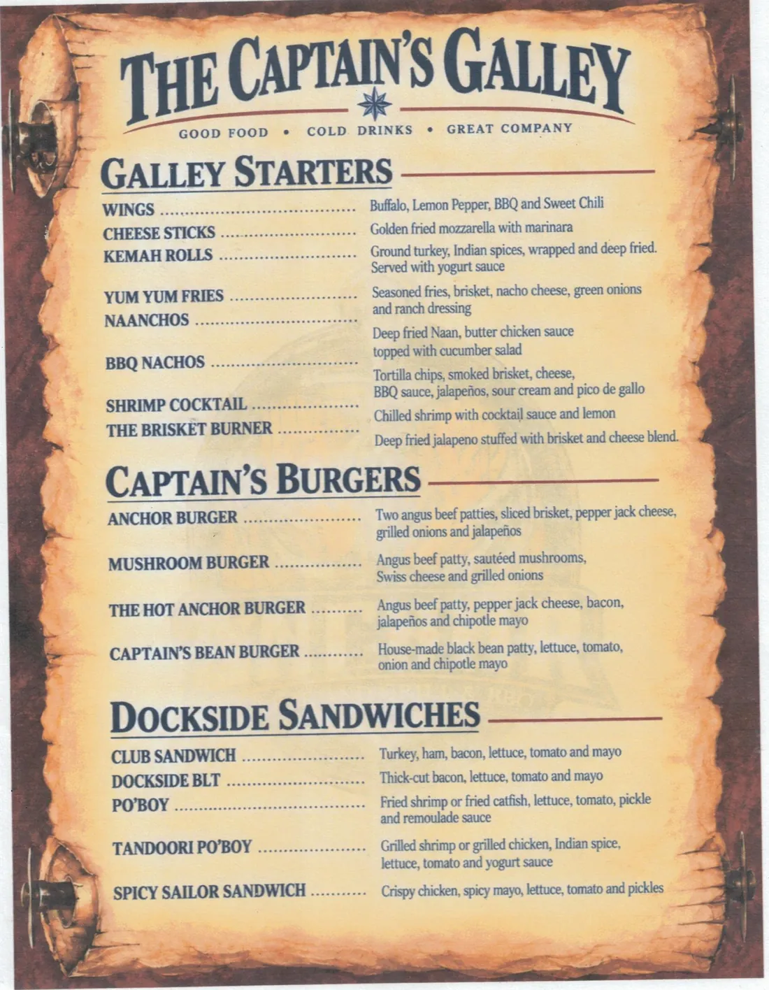The Captain's Galley printed menu at Anchor Bar and Grill & BBQ