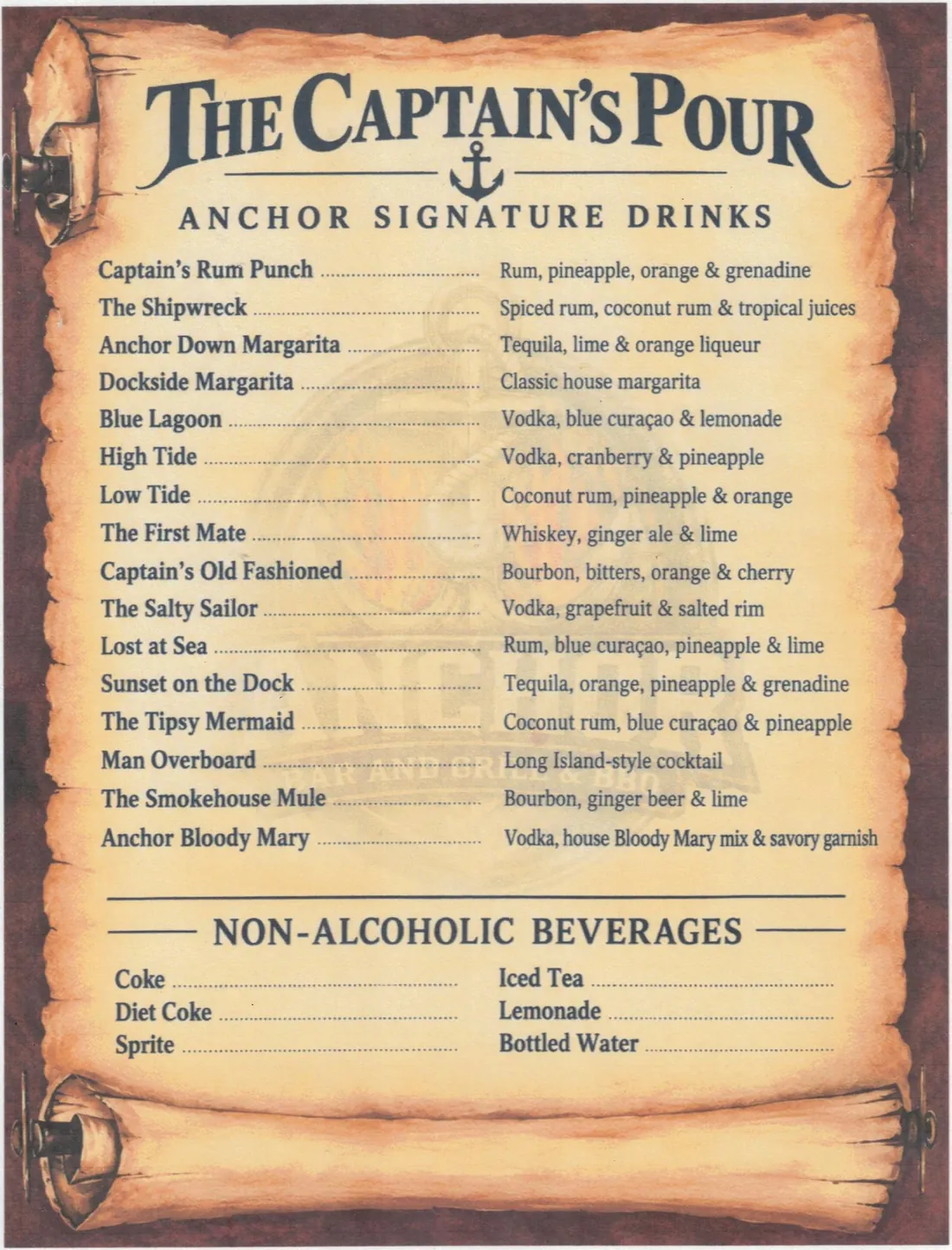 The Captain's Pour printed menu at Anchor Bar and Grill & BBQ