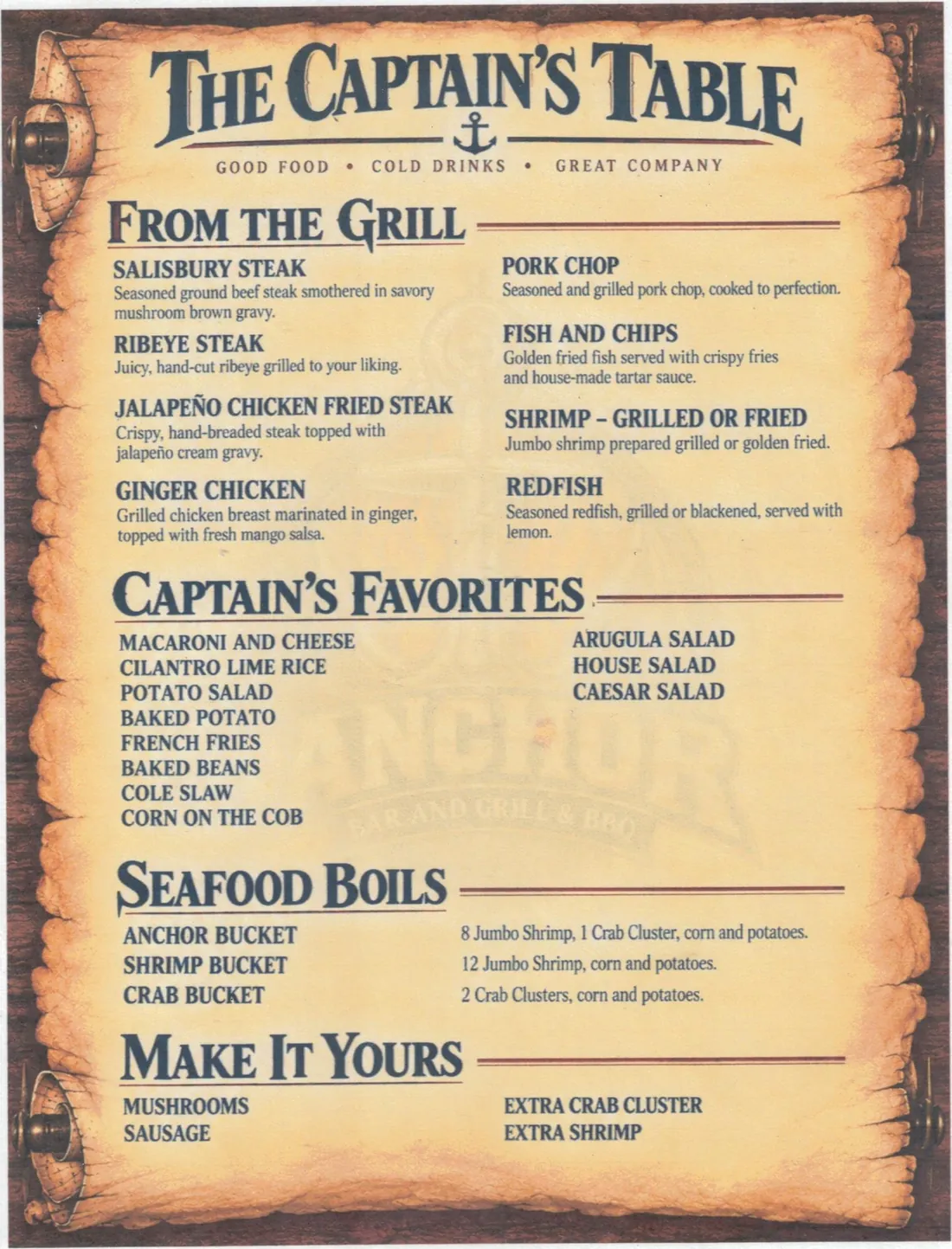 The Captain's Table printed menu at Anchor Bar and Grill & BBQ